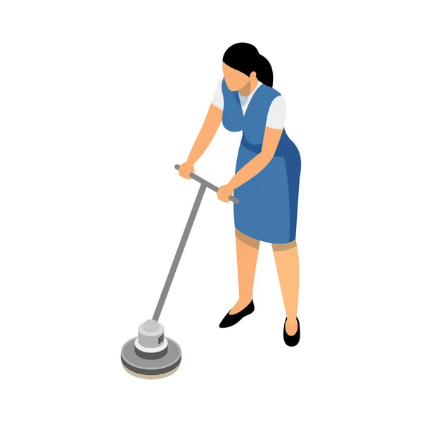 Female Cleaning Service Worker Polishing Floor Isometric Icon Vector Illustration — Stock Vector