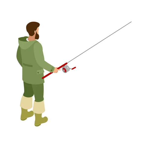 Fisherman Catching Fish Spinning Rod Back View Isometric Vector Illustration — Stock Vector