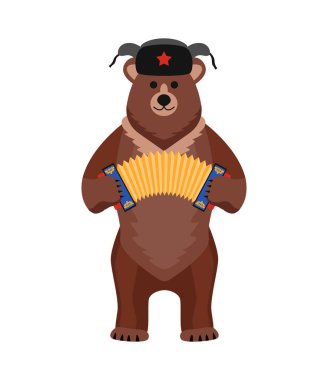 ushanka 'da yassı kahverengi ayı geleneksel Rus sembolü illüstrasyon akordeon çalıyor