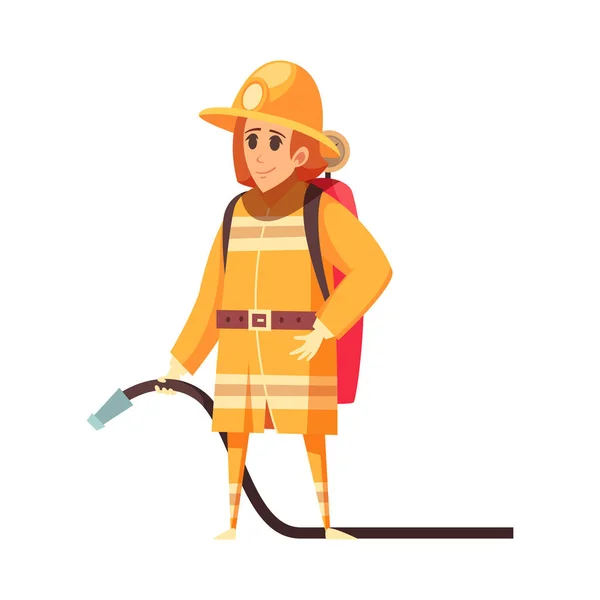 Female Firefighter Wearing Yellow Uniform Hose Flat Vector Illustration — Stock Vector