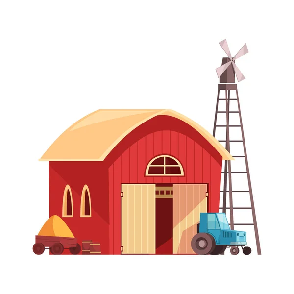 Agritourisme Étable Bâtiment Extérieur Avec Tracteur Moulin Vent Illustration Vectorielle — Image vectorielle