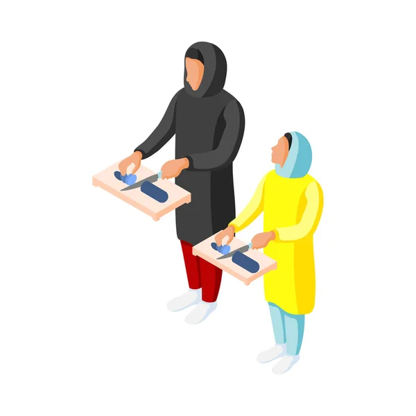 Ícone Família Árabe Com Mãe Filha Cozinhando Juntos Ilustração Vetor — Vetor de Stock