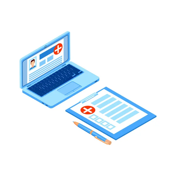 Online Medicine Isometric Icon Patients Card Laptop Vector Illustration — 스톡 벡터