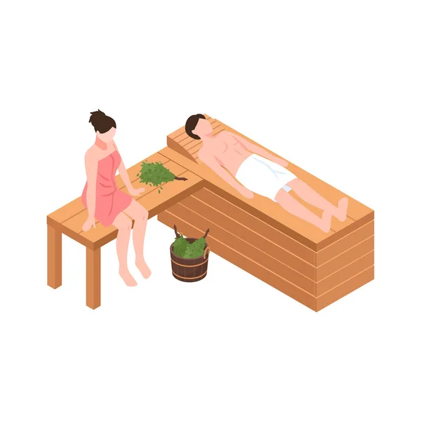 People Relaxing Steam Bath Isometric Icon Vector Illustration — Stock Vector