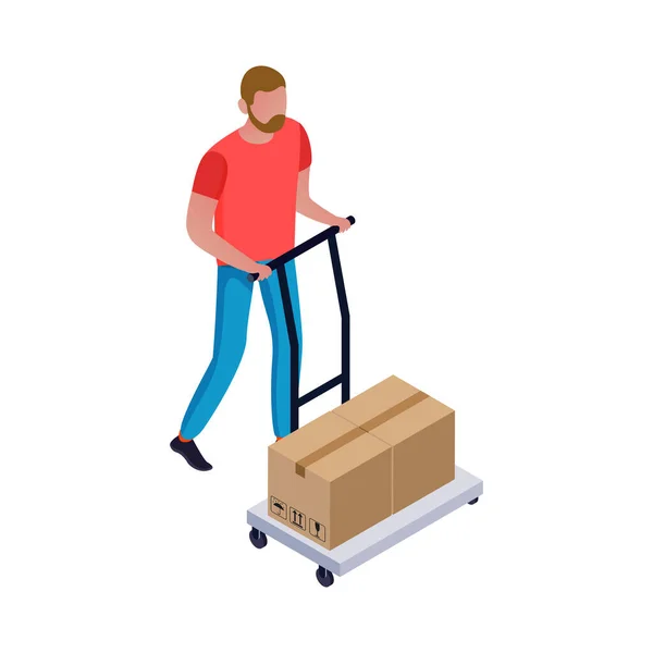 Isometric Male Warehouse Worker Carrying Cardboard Boxes Trolley Vector Illustration — Stock Vector