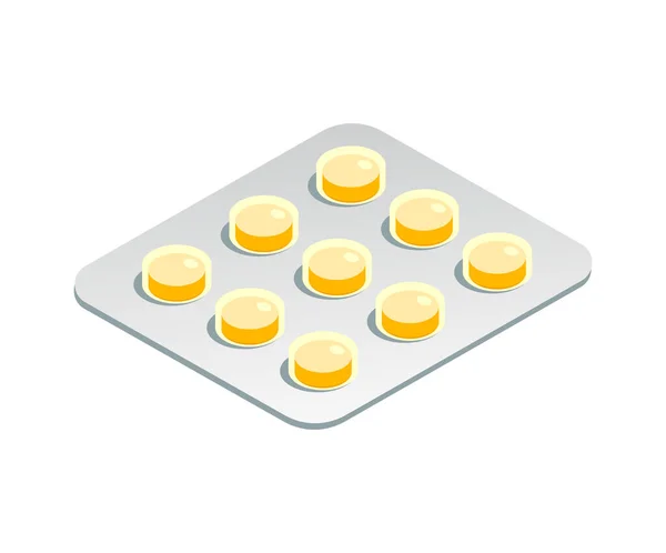 Pacote Blister Isométrico Com Pílulas Amarelas Ilustração Vetor Ícone —  Vetores de Stock
