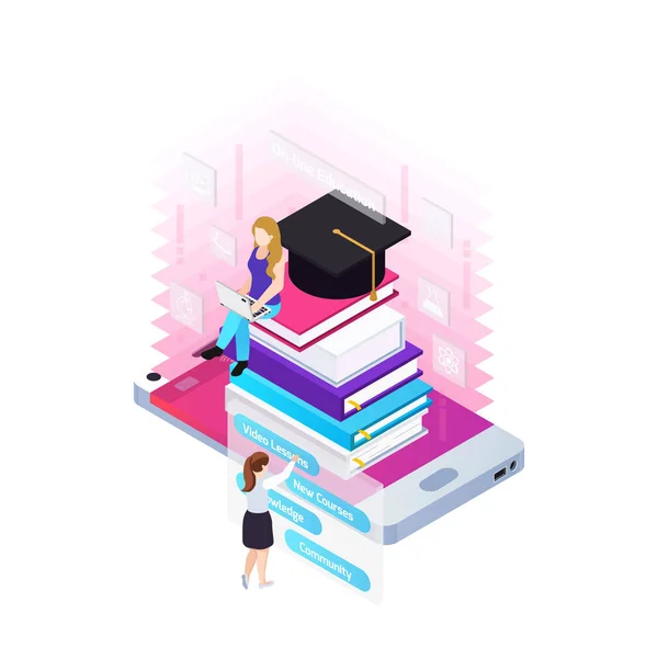Isometric Concept Elearning Virtual Library Distance Education Books Students Vector — Stock Vector