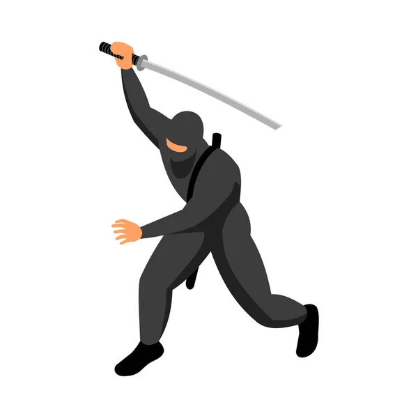 Ninja Postava Černém Kostýmu Boj Katanou Izometrické Vektorové Ilustrace — Stockový vektor