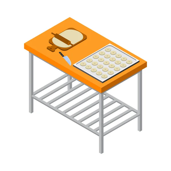 Bäckereiinnenraum Isometrisches Symbol Mit Rohem Teig Nudelmesser Und Kekse Auf — Stockvektor