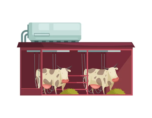 自動搾乳プロセスと2頭の牛のベクトルのイラストとミルクの生産フラットアイコン — ストックベクタ