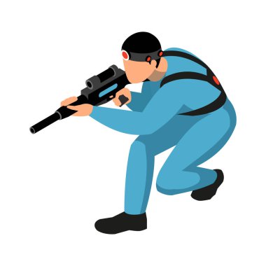 Beyaz arkaplan izometrik vektör illüstrasyonunda silahı olan lazer tag oyunu oynatıcı