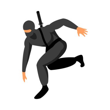 Katana 3 boyutlu vektör çizimi olan Japon savaşçısı erkek insan karakterine sahip Isometric ninja simgesi