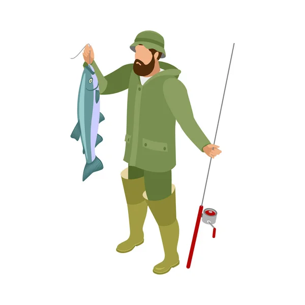 Isometric Bearded Fisherman Character Big Fish Spinning Vector Illustration — Stock Vector