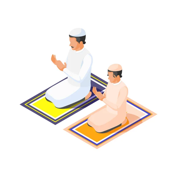 与男人和他儿子一起祈祷的等距阿拉伯家庭3D矢量图解 — 图库矢量图片