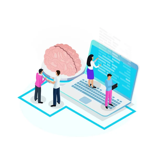 研究中の人間の脳や科学者とナノテクノロジーの神経学的アイソメトリックアイコン3Dベクトルイラスト — ストックベクタ