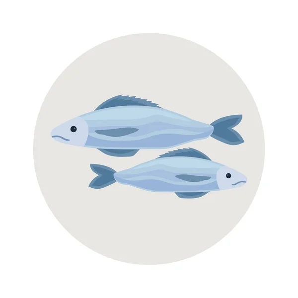 Επίπεδο Στρογγυλό Γκρι Έμβλημα Δύο Εικονογράφηση Φορέα Ψαριών — Διανυσματικό Αρχείο
