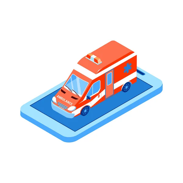 Akıllı Telefon Ekranında Ambulansla Çevrimiçi Tıp Izometrik Simgesi — Stok Vektör