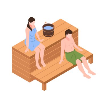 İki kişinin buhar banyosu vektör çizimi yaptığı Isometric hamam ikonu