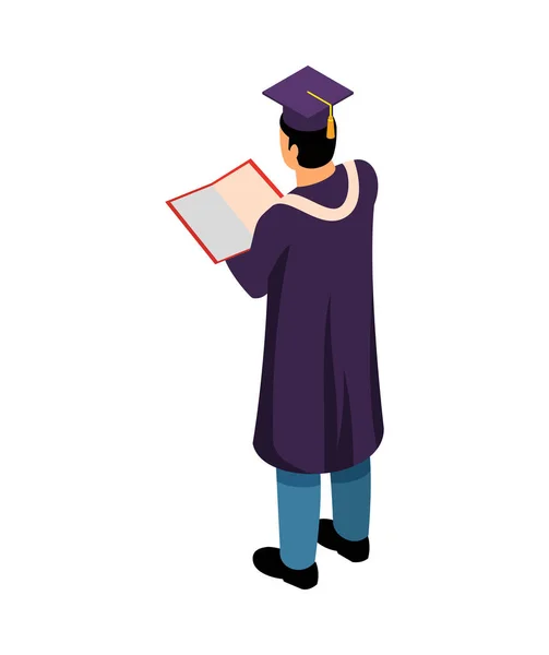 Caráter Isométrico Pós Graduação Universitária Segurando Diploma Visão Traseira Ilustração —  Vetores de Stock