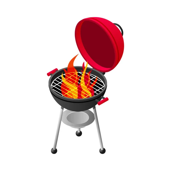 Barbecue Bollitore Con Icona Isometrica Fuoco Vettoriale Illustrazione — Vettoriale Stock