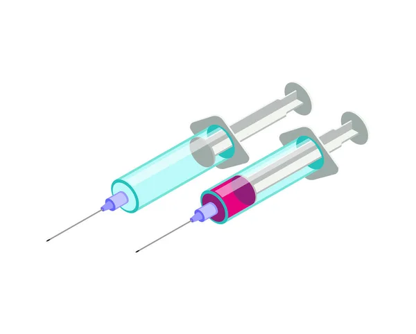 白色背景矢量图上带有疫苗的等距彩色注射器 — 图库矢量图片