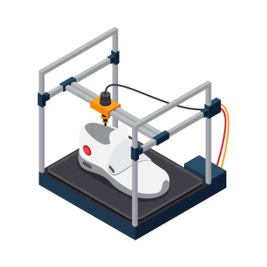 Önyükleme modeli yazdırma süreci çizimi ile 3D yazıcı endüstrisi izometrik simgesi