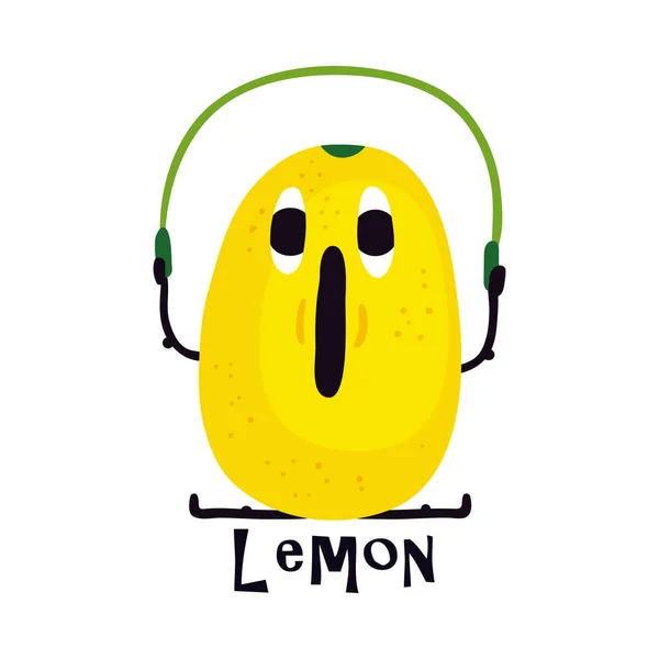 Cute Lemon Character Doing Sport Jumping Rope Cartoon Vector Illustration — Stock Vector
