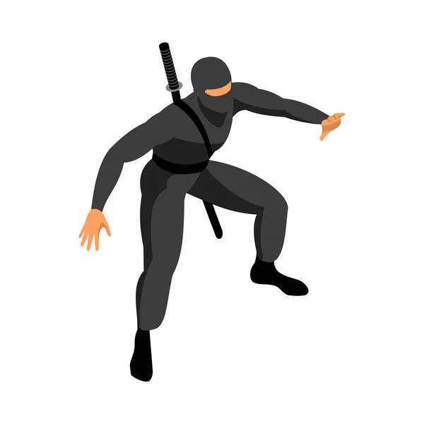 Izometrický Ninja Černém Kostýmu Katanou Zády Vektorové Ilustrace — Stockový vektor