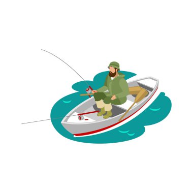Tekne 3D vektör illüstrasyonunda balık tutarken Isometric balıkçı