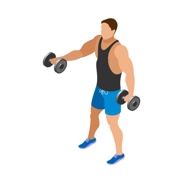 Body Building Isometric Icon Muscular Man Exercising Dumbbells Vector Illustration — Stock Vector