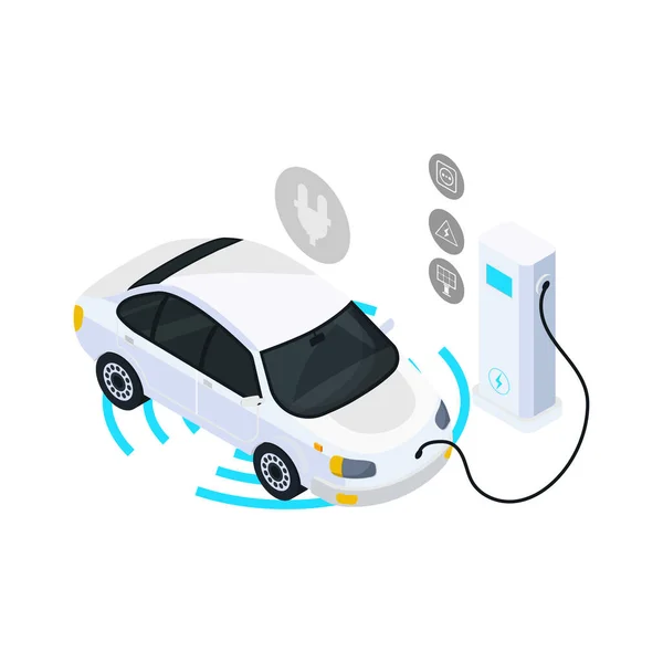 Smart City Icône Isométrique Avec Charge Voiture Électrique Illustration Vectorielle — Image vectorielle