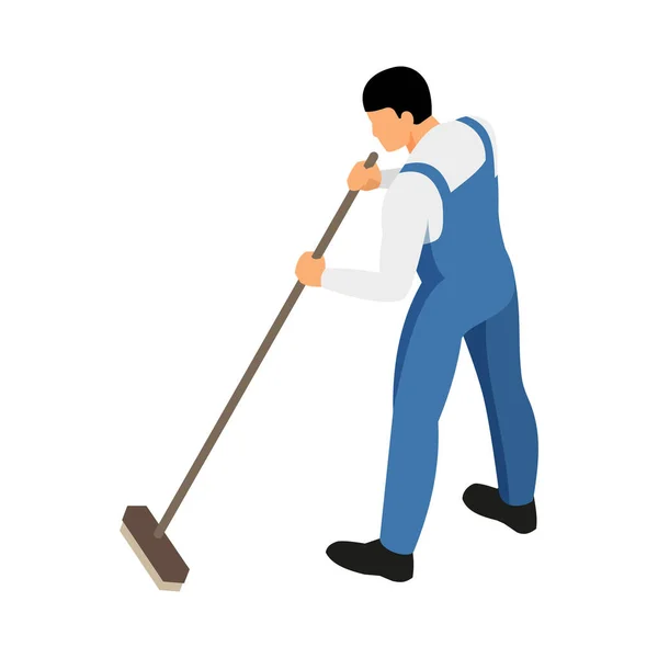 Ισομετρική Αρσενικό Καθαριστής Υπηρεσία Σφουγγαρίσματος Πάτωμα Σκούπα Διανυσματική Απεικόνιση — Διανυσματικό Αρχείο
