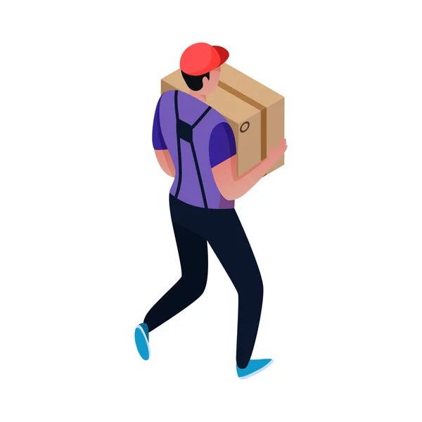 Isometric Delivery Man Carrying Big Cardboard Box Back View Vector — Stock Vector