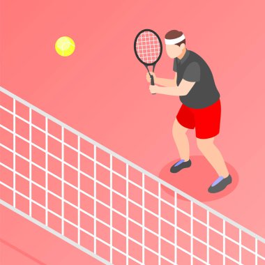 Raketi olan şişman bir adam tenis oynuyor. İzometrik arka plan çizimi.