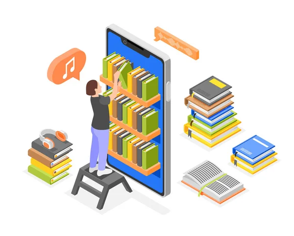 带女性图书管理员特征的音频图书等距构图 书架在智能手机框图内 — 图库矢量图片