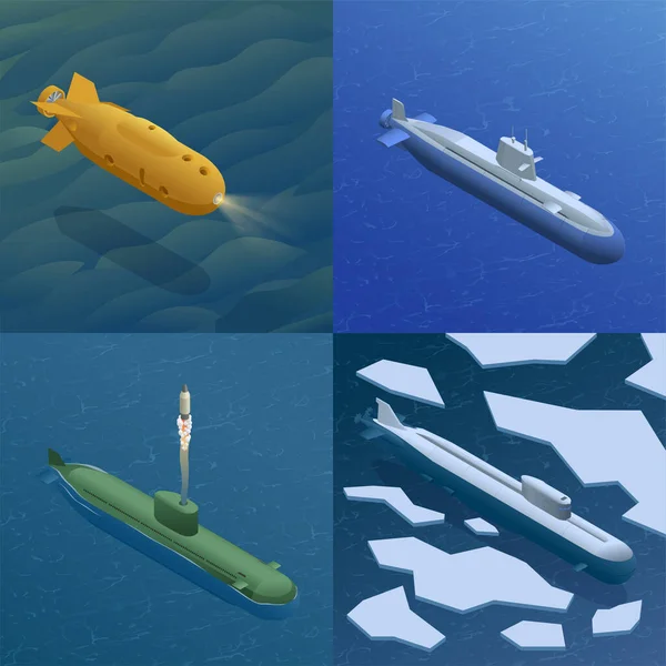 Set Cuatro Composiciones Cuadradas Submarinos Isométricos Flotando Alta Mar Lanzando — Vector de stock