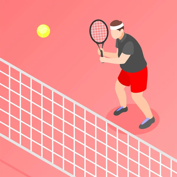 太りすぎ男とともにラケットプレイテニス等角背景ベクトルイラスト — ストックベクタ