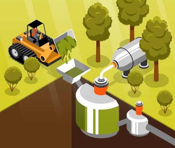 Komposisi Isometrik Biogas Menunjukkan Biomassa Sebagai Sumber Ilustrasi Vektor Biofuel - Stok Vektor