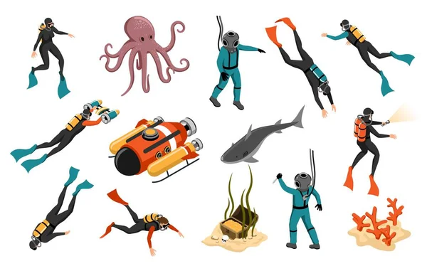 Diving Isometric Icons Cartoon Set People Diving Suits Scuba Underwater — Stock Vector