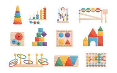 Eğitimsel oyunlar, izole edilmiş vektör illüstrasyonu için yapıcı piramit ve diğer montessori oyuncaklarından oluşan düz renk seti
