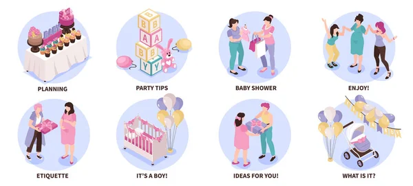 Baby Dusche Rundes Set Mit Ideen Für Feier Symbole Isometrische — Stockvektor