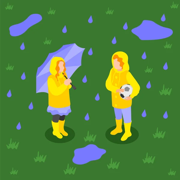 Дощовий День Ізометричний Фон Композицією Двох Дітей Підлітків Під Дощем — стоковий вектор