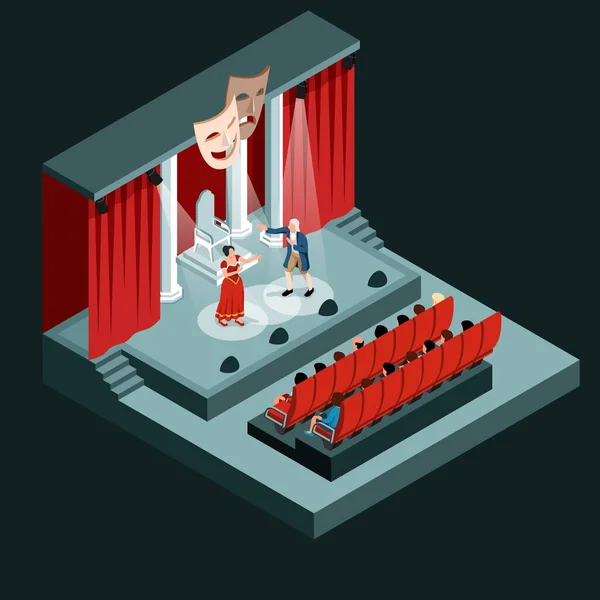 舞台上の観客とアーティストとの劇場の講堂黒の背景アイソメトリックベクトルイラスト — ストックベクタ