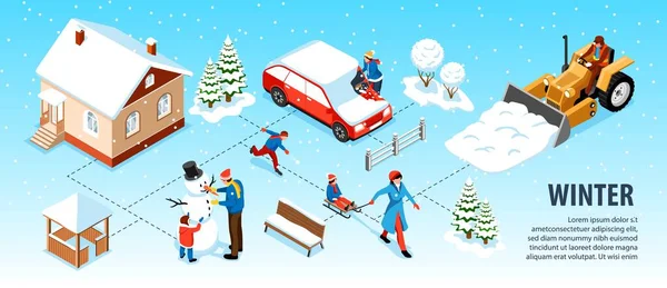 Zimní Město Izometrické Infografiky Demonstrující Čištění Sněhu Obecní Stroje Lidé — Stockový vektor