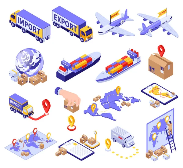 Isometric Cargo Export Import Set Isolated Icons Trucks Airplanes Ships — Stock Vector