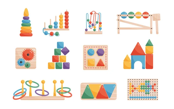 Lernspiele Flache Farbe Set Von Konstruktor Piramid Und Andere Montessori — Stockvektor