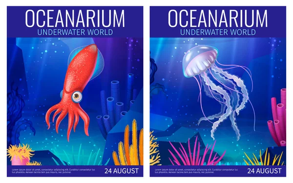 Oceanarium Tecknad Affisch Med Undervattensvarelser Och Korallrev Vektor Illustration — Stock vektor