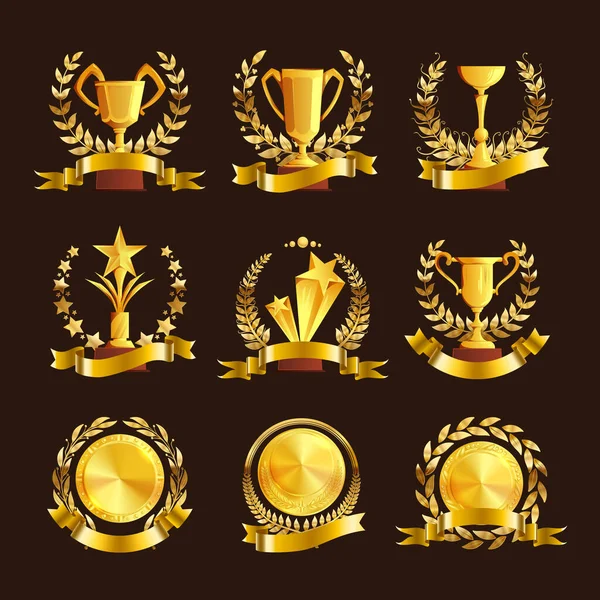 Złoty Trofeum Wieniec Zestaw Izolowanych Kompozycji Kwiatowych Kształtów Złote Medale — Wektor stockowy