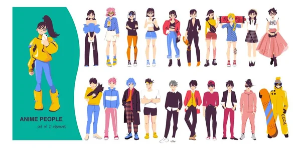Anime Personnes Ensemble Adolescents Manga Isolé Plat Portant Diverses Tenues — Image vectorielle