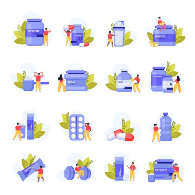 Eklenti kutuları ikonları ile izole edilmiş, insan karakterleri çizimi olan spor besin seti.